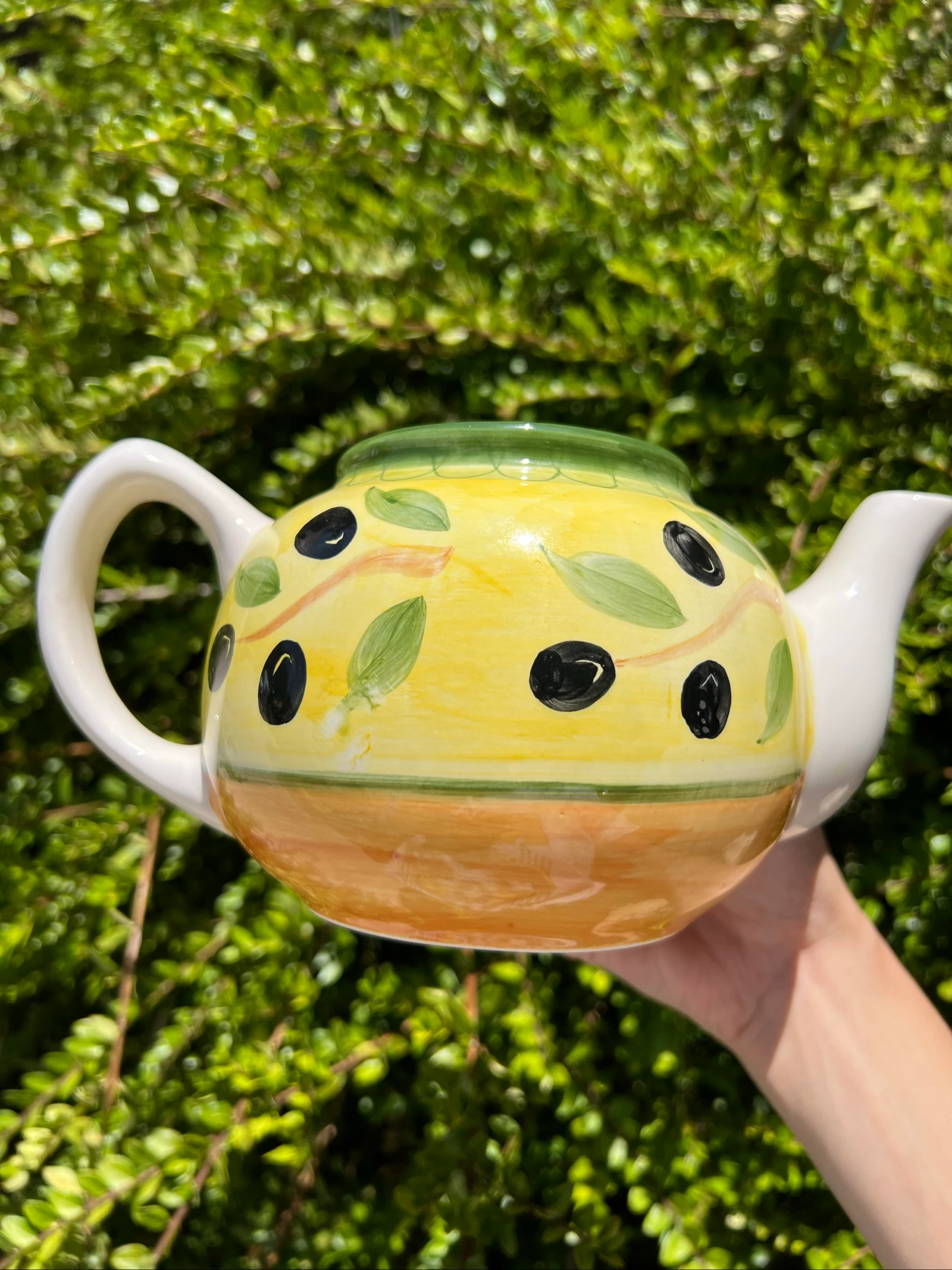 🫒 Vintage keramische theepot L. Dake & Zn Amsterdam geel met olijven decor – photo 10